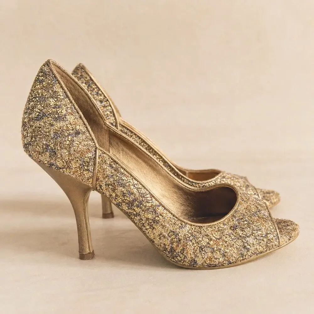 ENZO ANGIOLINI Womens Gold Glitter Peep Toe Pumps Heels Size 6